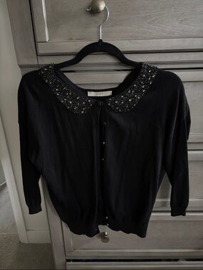 LOFT Black Beaded Peter Pan Collar Cardigan